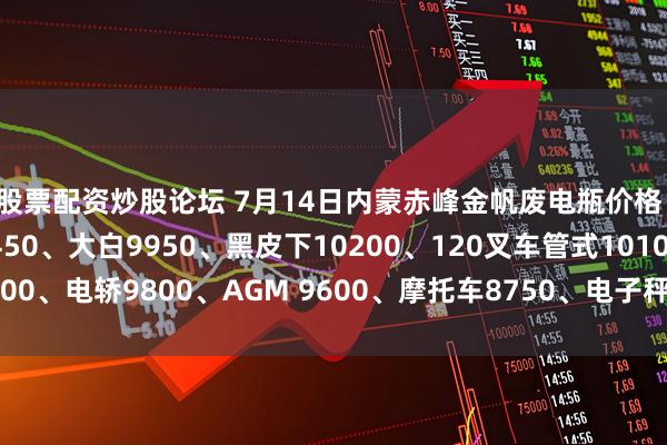 股票配资炒股论坛 7月14日内蒙赤峰金帆废电瓶价格：电动9950、电信9450、大白9950、黑皮下10200、120叉车管式10100、电轿9800、AGM 9600、摩托车8750、电子秤6150。（单位：元/吨）